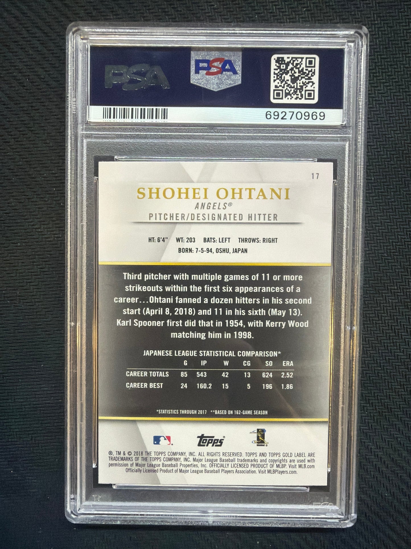 2018 Topps Gold Label Shohei Ohtani Class 3 #17 PSA 10 969