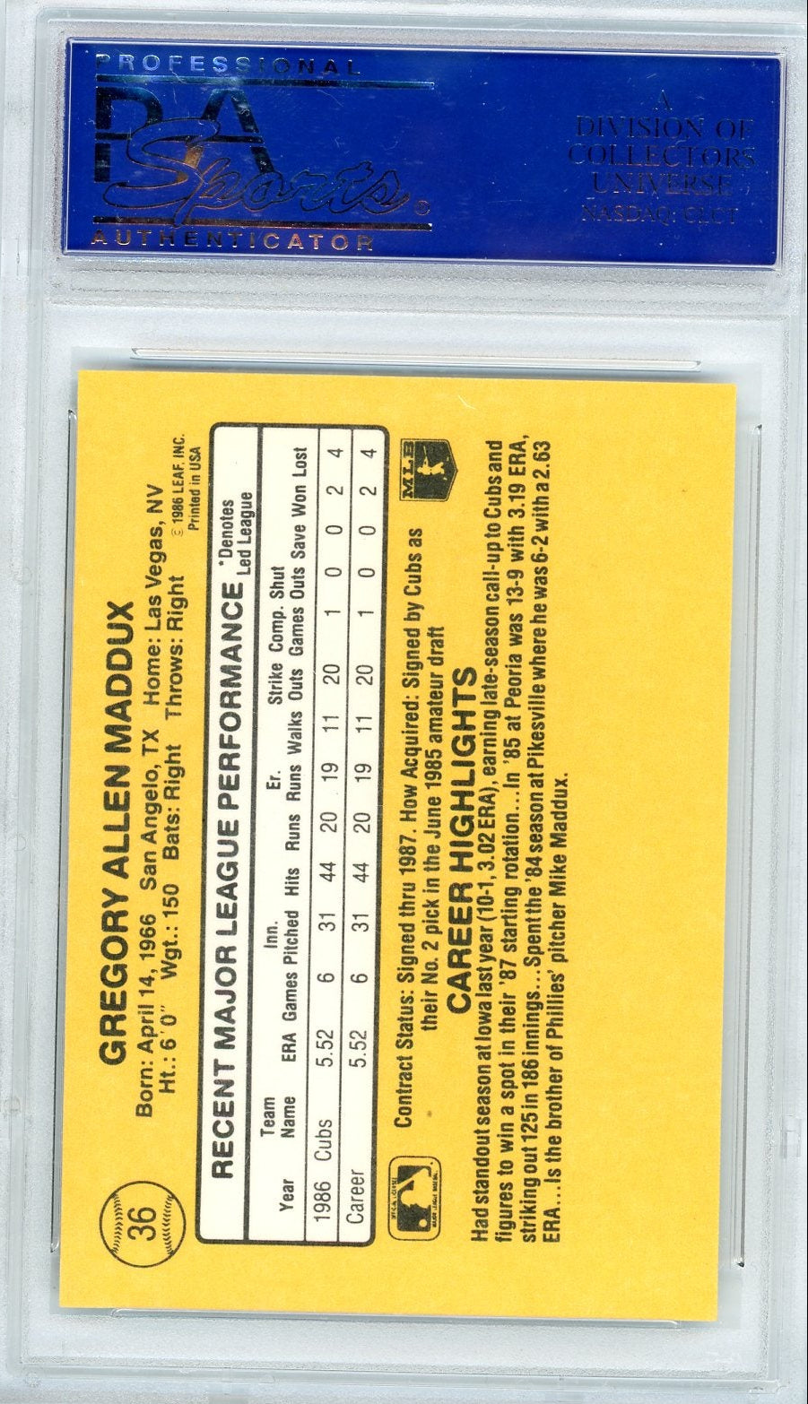 Greg Maddux 1987 Donruss Rated Rookie PSA 10