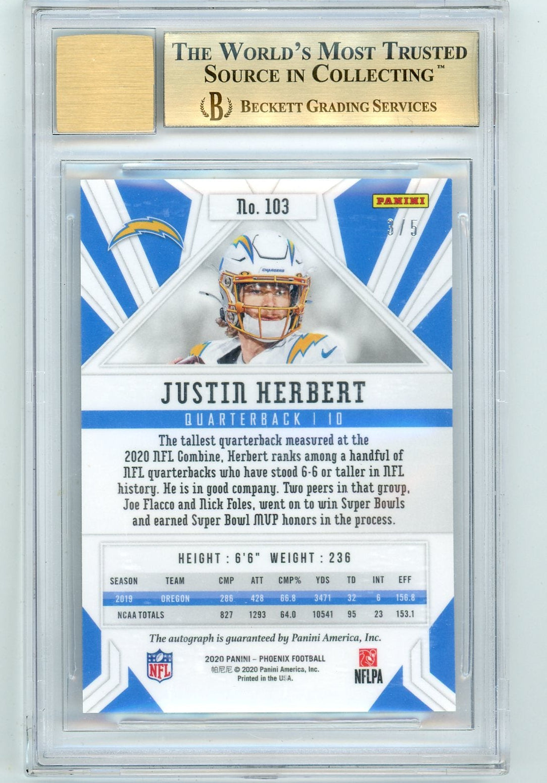 Justin Herbert 2020 Panini Phoenix Rookie Autographs Black Prizm RC #'d 3/5 BGS 9.5 Auto 10