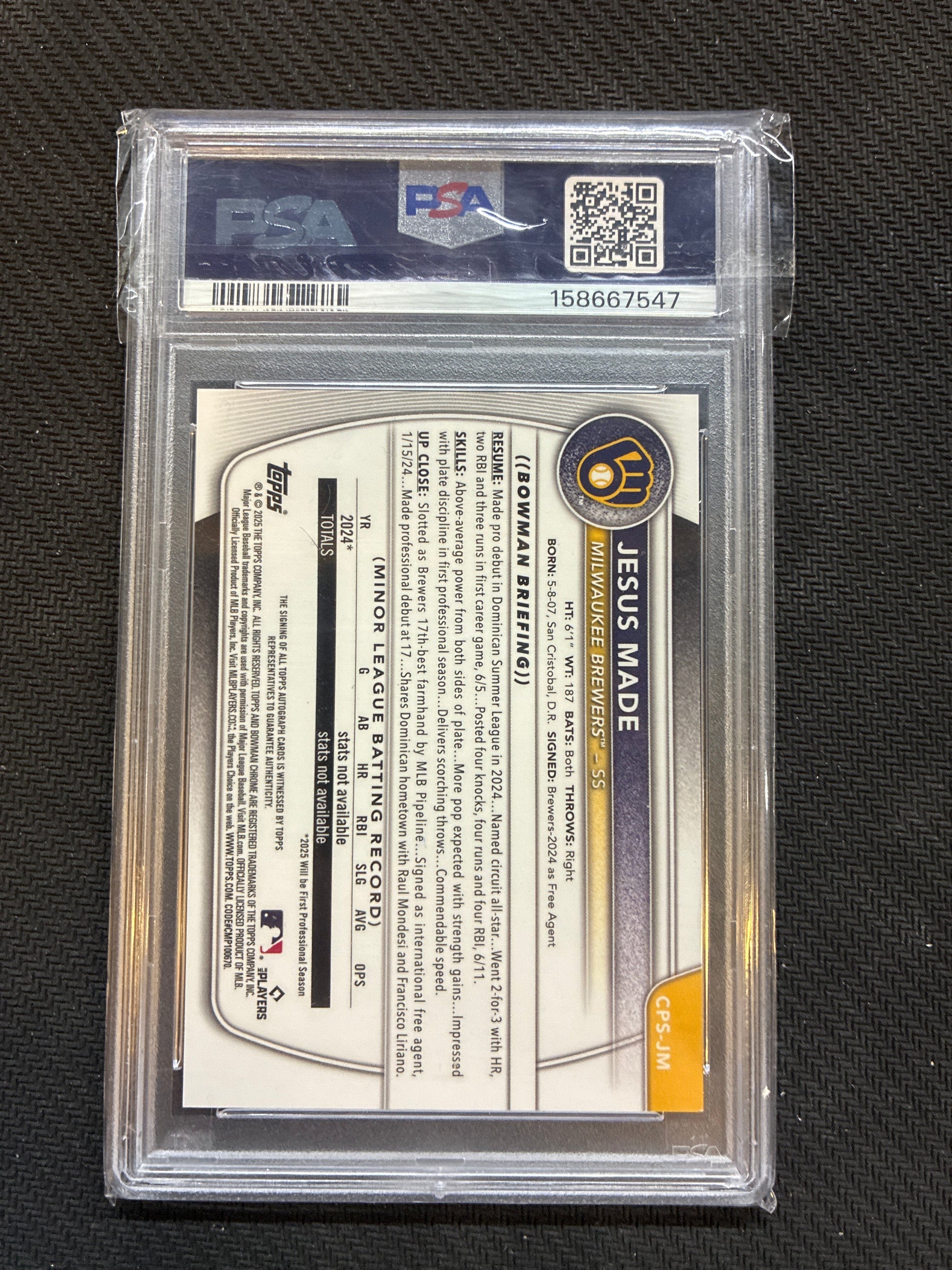 2025 Bowman Chrome Sapphire Jesus Made 1st Bowman Auto Green Refractor /99 PSA 9 Brewers