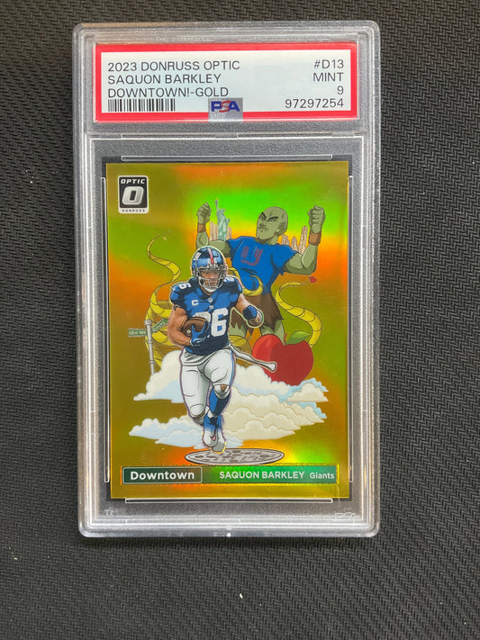 2023 Donruss Optic Saquon Barkley Downtown! Gold /10 PSA 9 Giants