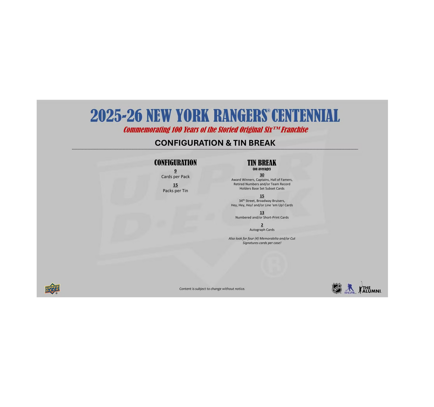 2025-26 Upper Deck New York Rangers Centennial Hockey Hobby 16-Box Case