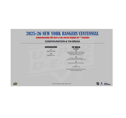 2025-26 Upper Deck New York Rangers Centennial Hockey Hobby 16-Box Case