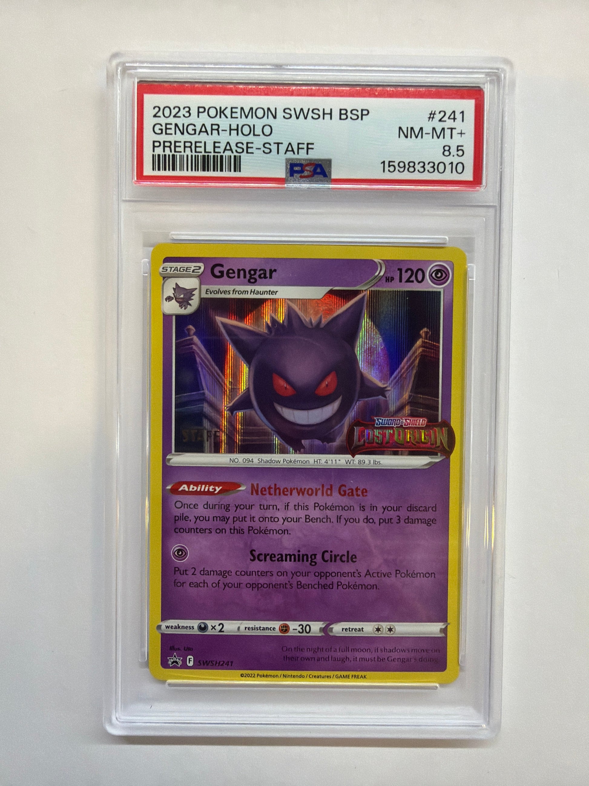 2023 Gengar Holo 241 Staff Prerelease PSA 8.5