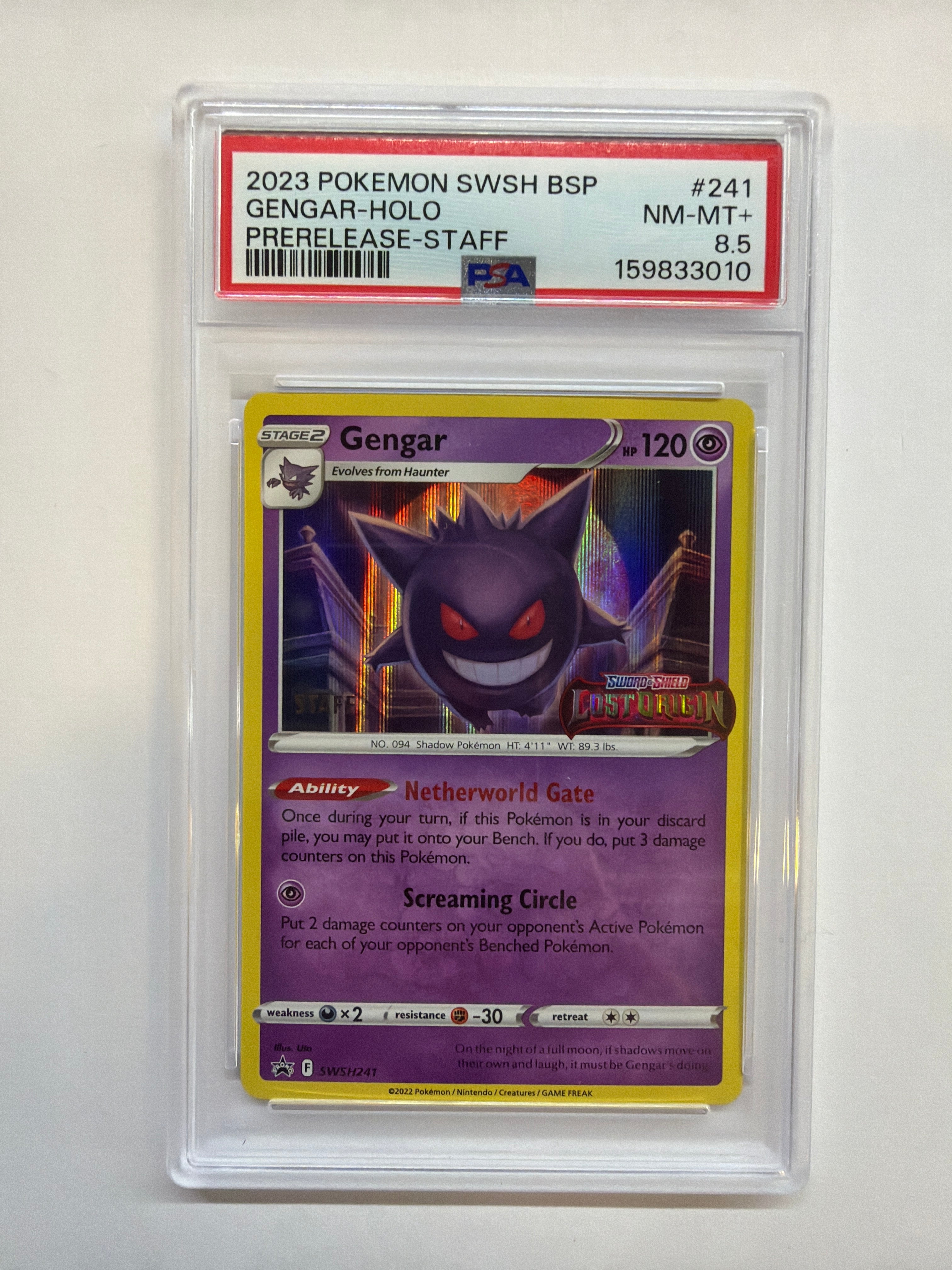 2023 Gengar Holo 241 Staff Prerelease PSA 8.5