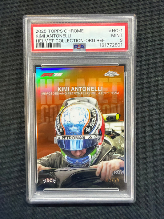 2025 Topps Chrome Kimi Antonelli Helmet Collection Orange Refractor /25 PSA 9