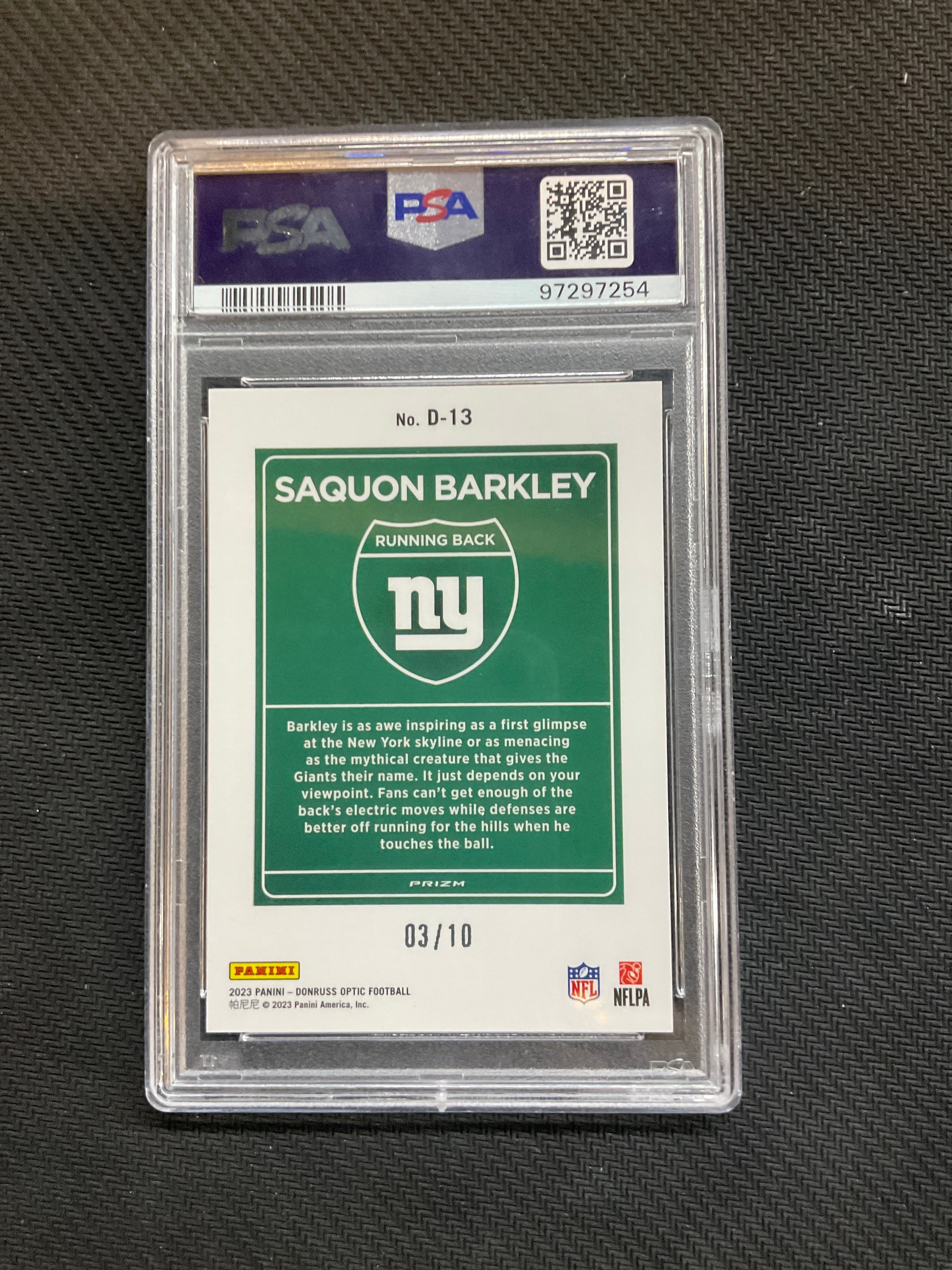 2023 Donruss Optic Saquon Barkley Downtown! Gold /10 PSA 9 Giants