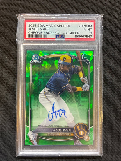 2025 Bowman Chrome Sapphire Jesus Made 1st Bowman Auto Green Refractor /99 PSA 9 Brewers