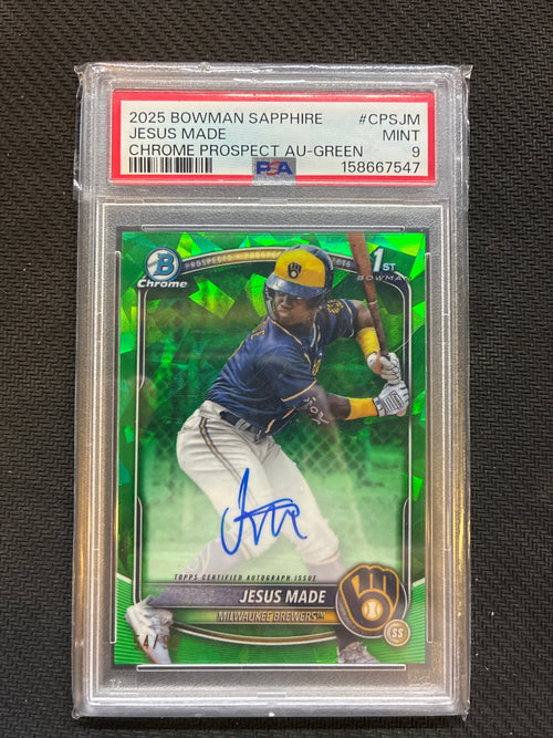 2025 Bowman Chrome Sapphire Jesus Made 1st Bowman Auto Green Refractor /99 PSA 9 Brewers