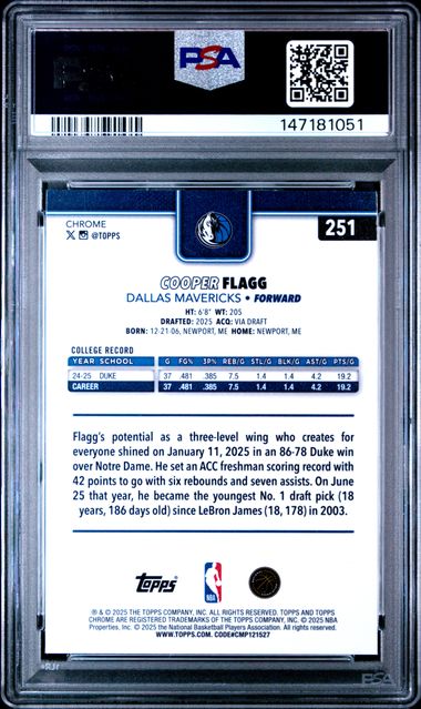 Cooper Flagg 2025 Topps Chrome Basketball Rookie X-Fractor PSA 10