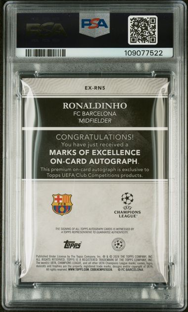 Ronaldinho 2024-25 Topps UEFA CC Marks of Excellence auto #'d 24/25 PSA 9