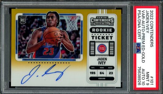 2022/23 Panini Contenders Jaden Ivey Rookie Variation Premium Auto Gold /10 PSA 9/10 Pistons