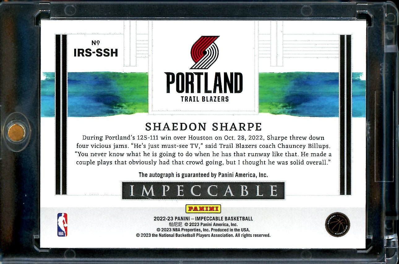 2022/23 Panini Impeccable Shaedon Sharpe Rookie Auto /25 Trailblazers