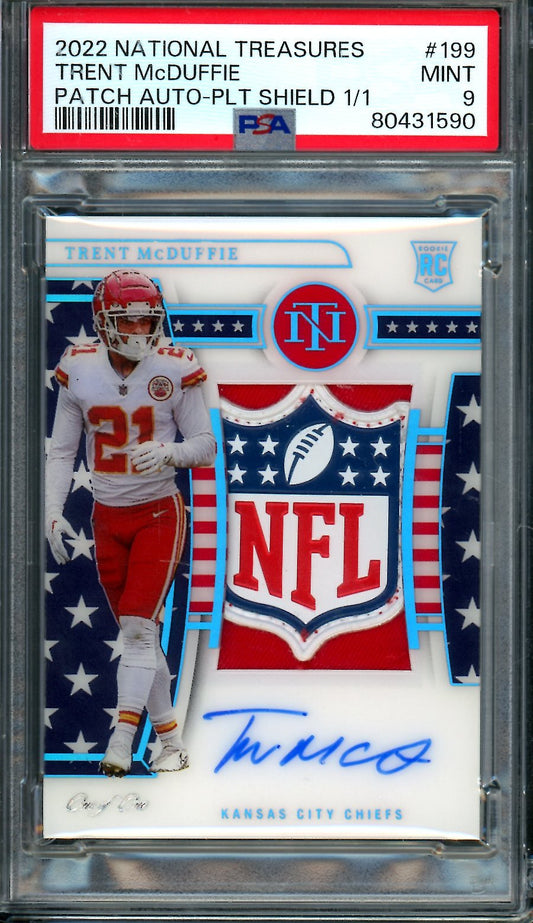 2022 Panini National Treasures Trent McDuffie Rookie NFL Shield 1/1 Patch Autograph PSA 9 Chiefs