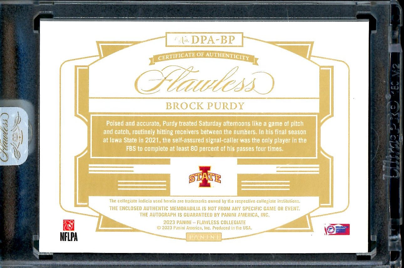 2023 Panini Flawless Collegiate Brock Purdy Patch Auto FOTL Pink /3 Iowa State