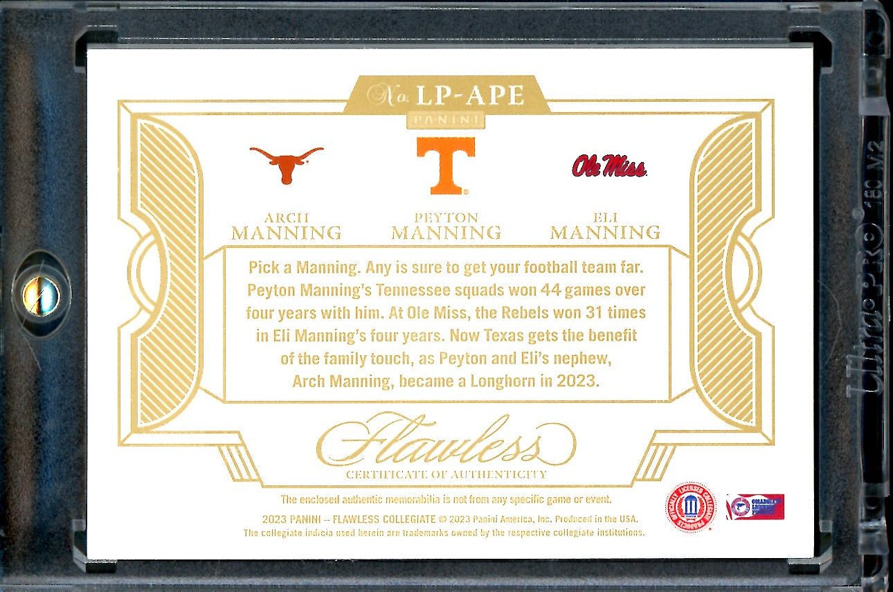 2023 Panini Flawless Collegiate Arch Manning/Peyton Manning/Eli Manning Triple Patch Gold /10
