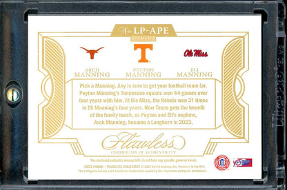 2023 Panini Flawless Collegiate Arch Manning/Peyton Manning/Eli Manning Triple Patch Gold /10