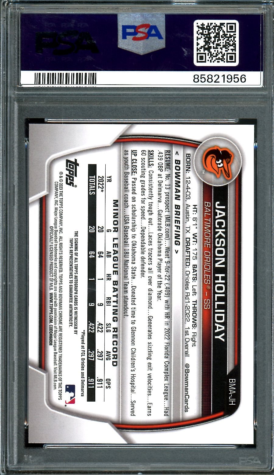 2023 Bowman Chrome Mega Box Jackson Holliday Auto Green /99 PSA 10 Orioles