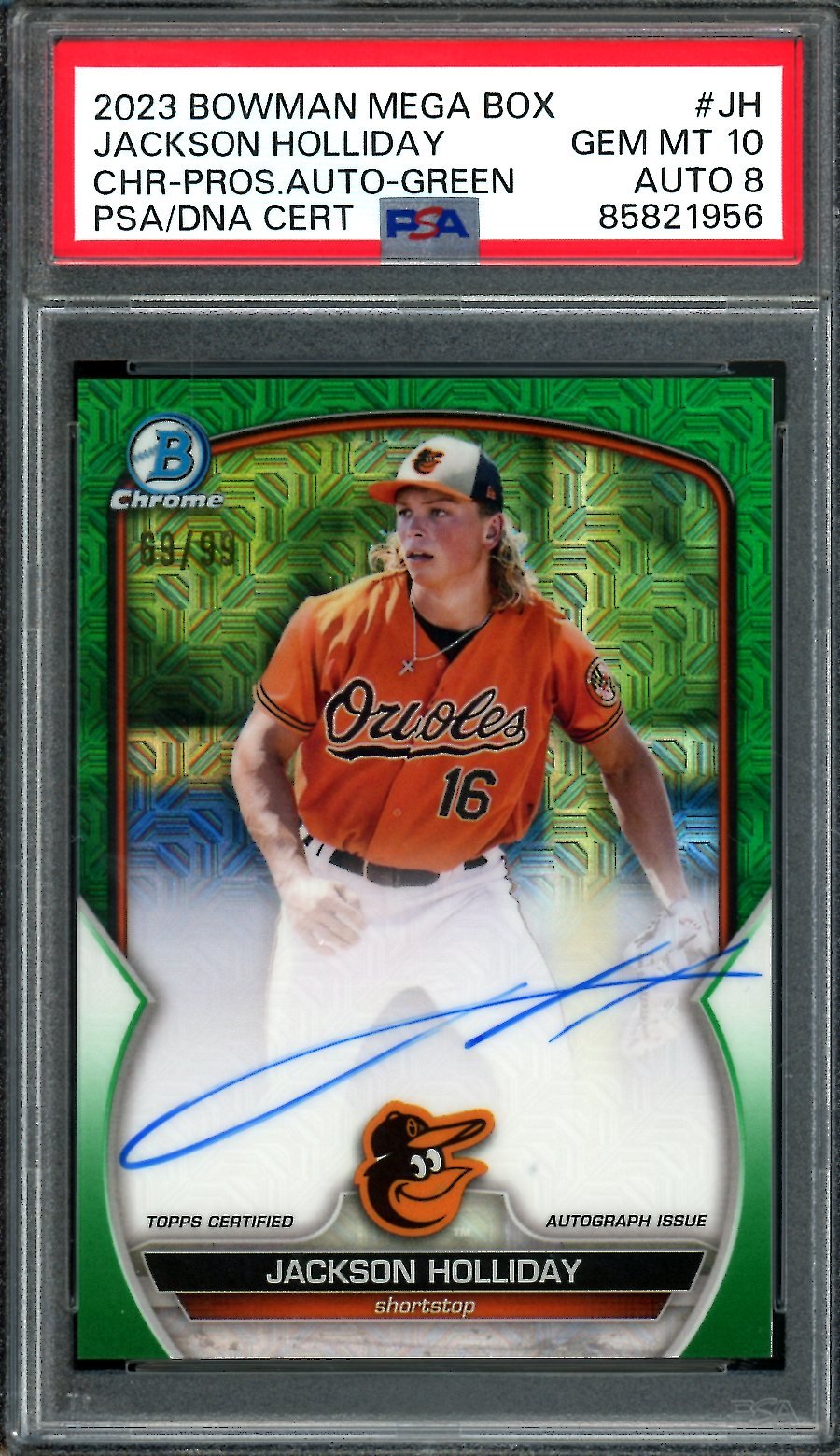 2023 Bowman Chrome Mega Box Jackson Holliday Auto Green /99 PSA 10 Orioles
