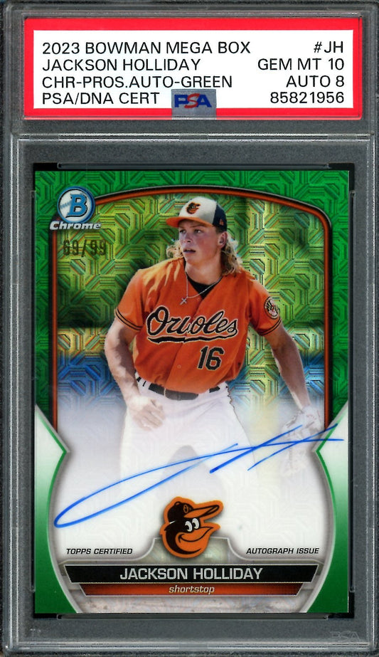2023 Bowman Chrome Mega Box Jackson Holliday Auto Green /99 PSA 10 Orioles