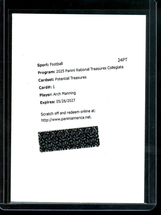2025 Panini National Treasures Collegiate Arch Manning Potential Treasures Redemption Longhorns