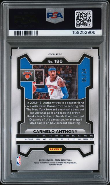 Carmelo Anthony 2023 Prizm Gold Sparkle #'d 06/24 PSA 10