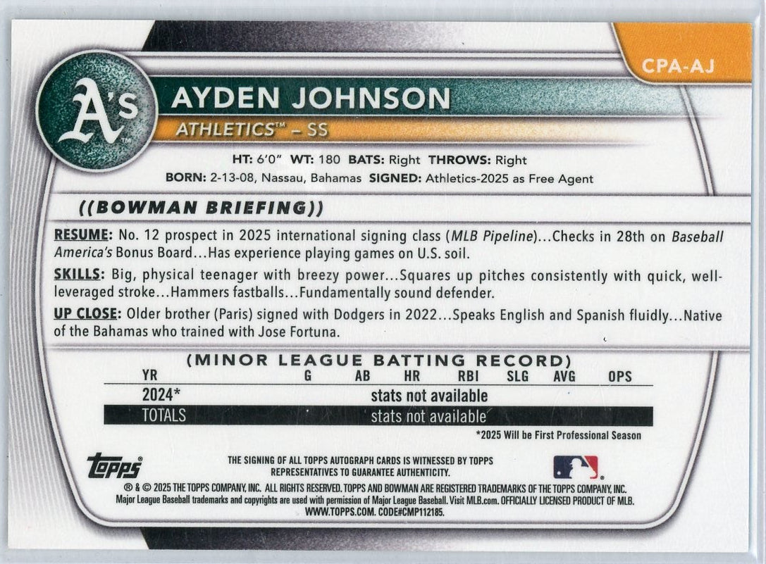 Ayden Johnson 2025 1st Bowman Chrome autograph black ref. #'d 10/10