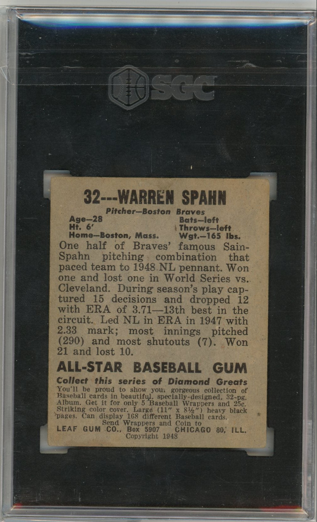 Warren Spahn 1948-49 Leaf Gum #32 SGC 2.5
