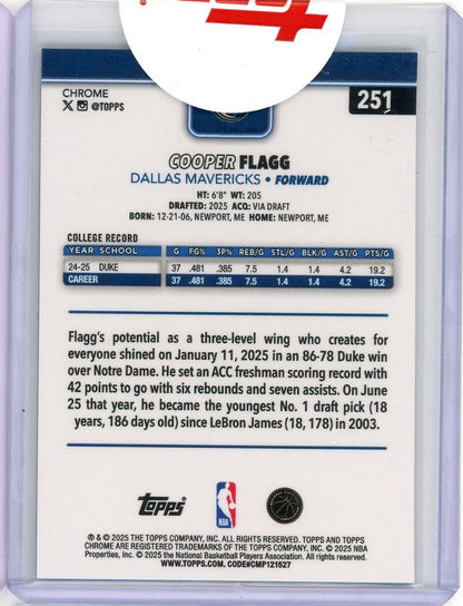 Cooper Flagg 2025 Topps Chrome Blue X-Fractor Rookie Card (Sealed)