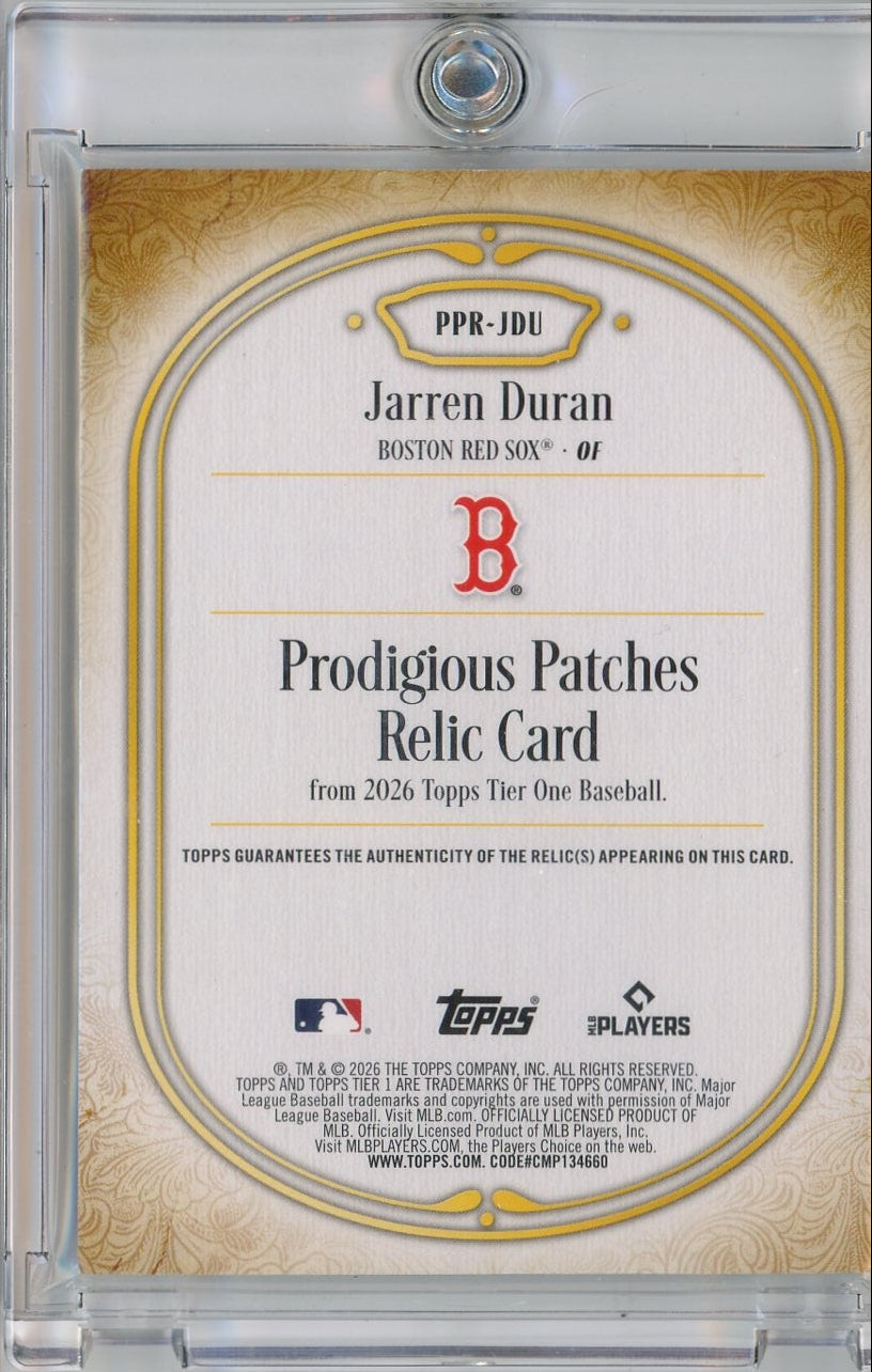 Jarren Duran 2026 Topps Tier One Prodigious Patches Relic #PPR-JDU #'d 1/1