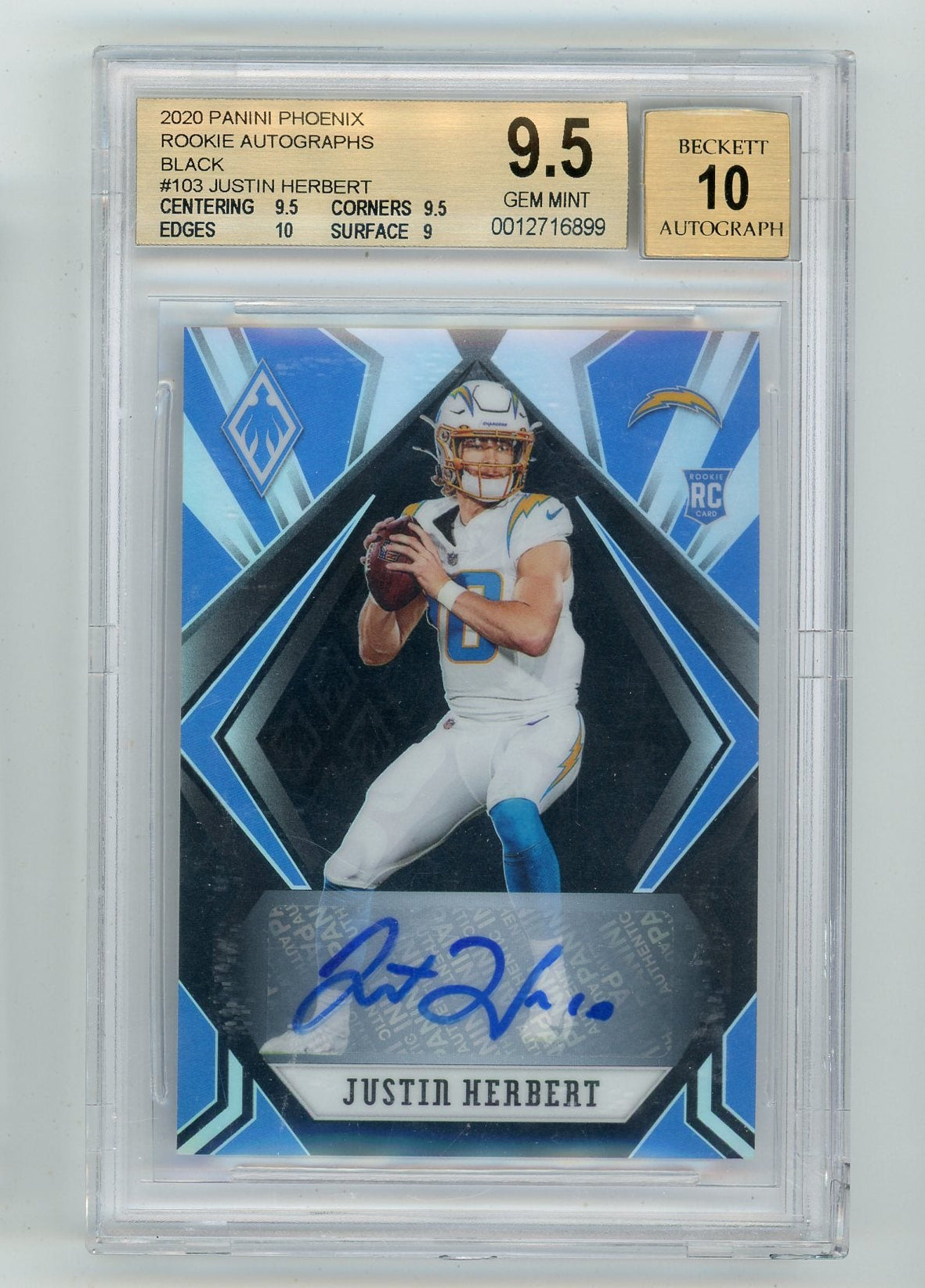 Justin Herbert 2020 Panini Phoenix Rookie Autographs Black Prizm RC #'d 3/5 BGS 9.5 Auto 10