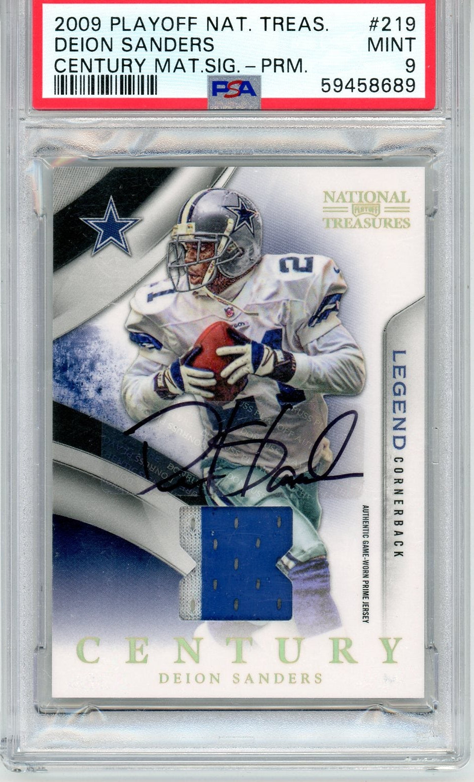 Deion Sanders 2009 Panini National Treasures  Century Materials Signatures #'d 21/25 PSA 9 (Game-Used Patch)(Pop 1)