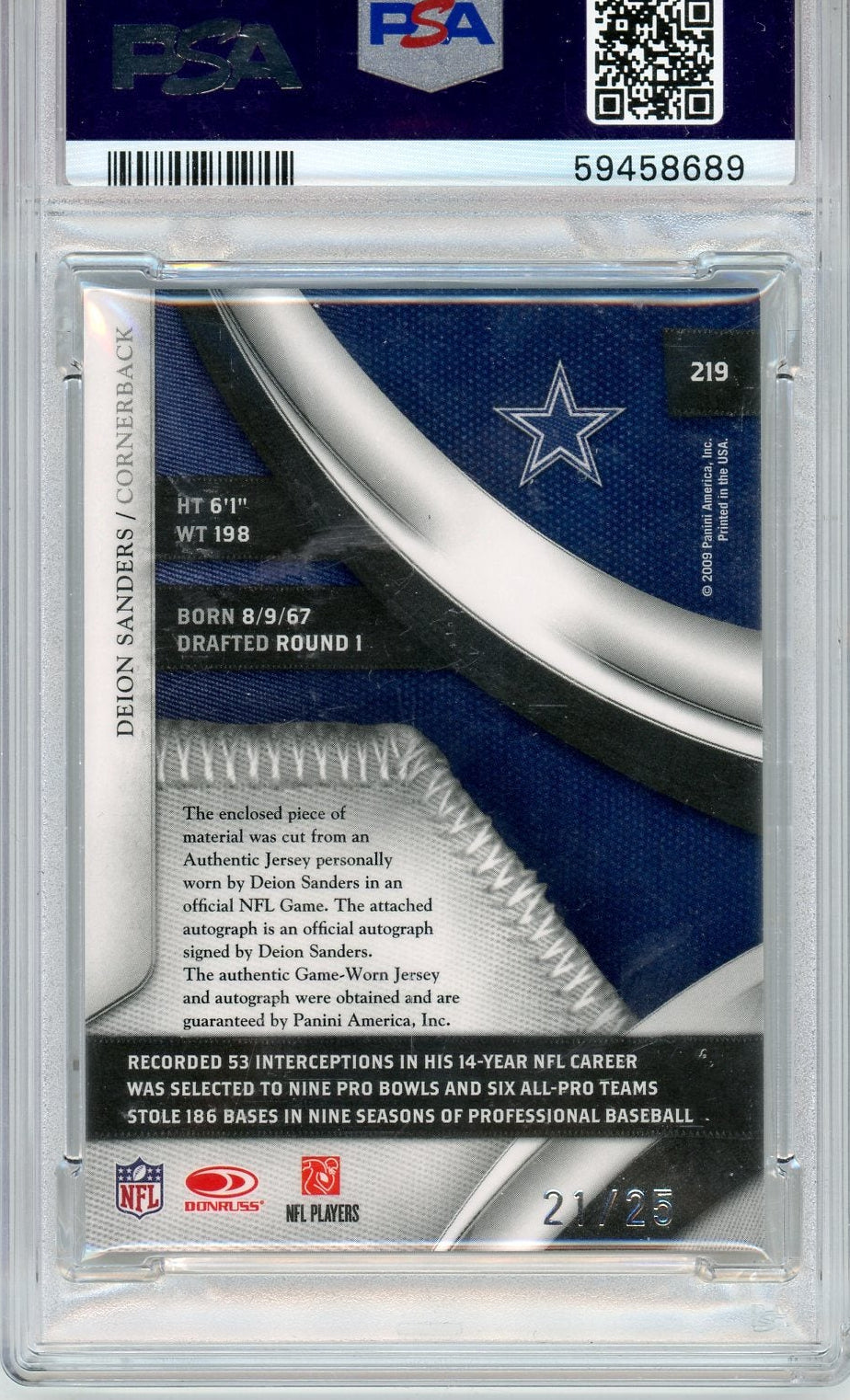 Deion Sanders 2009 Panini National Treasures  Century Materials Signatures #'d 21/25 PSA 9 (Game-Used Patch)(Pop 1)