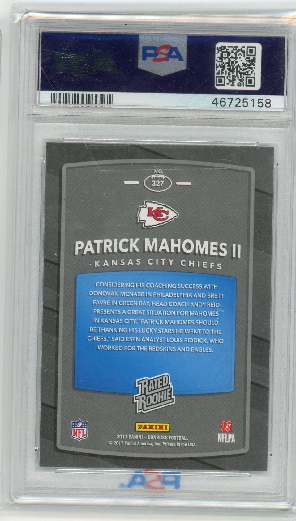 Patrick Mahomes 2017 Donruss Football Rated Rookie #327 PSA 9