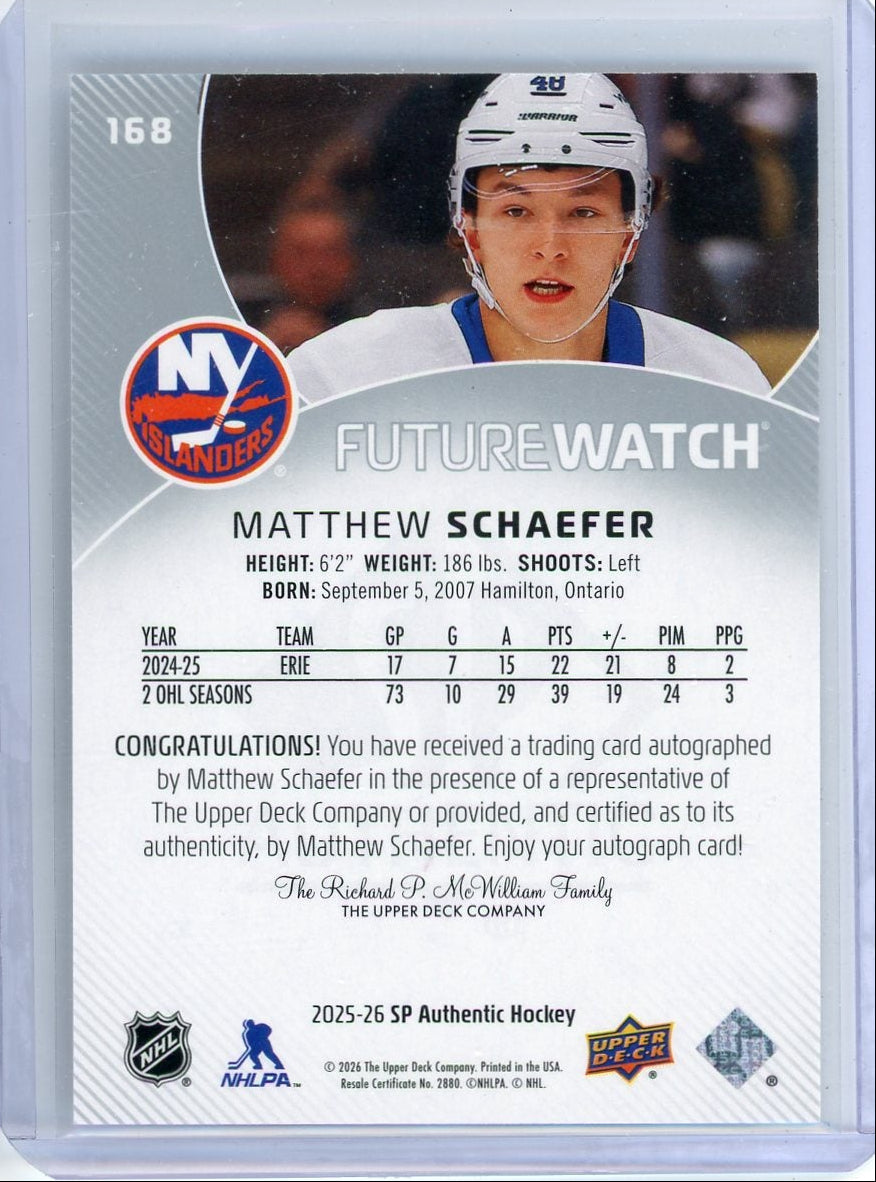 Matthew Schaefer 2025-26 SP Authentic Autographed Future Watch  #'d 104/999