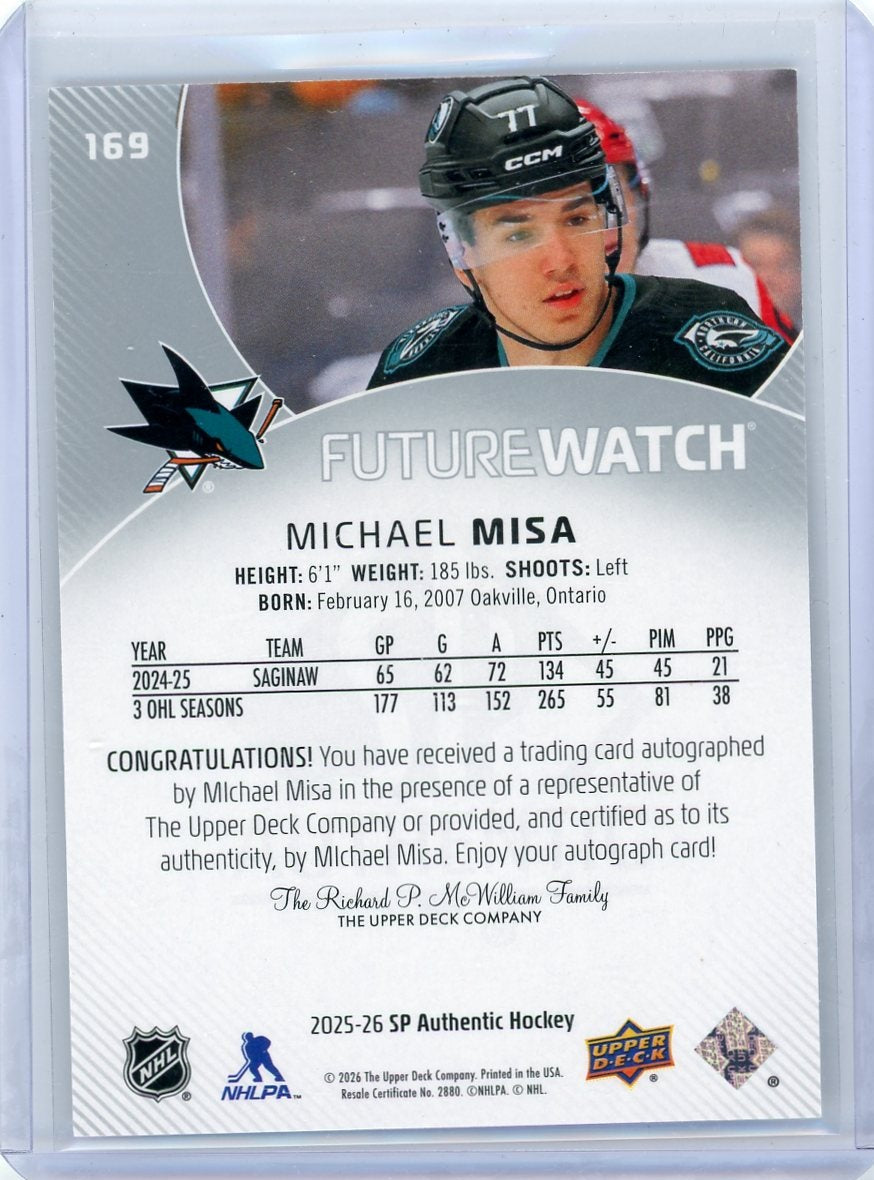 Michael Misa 2025-26 SP Authentic Autographed Future Watch #'d 236/999