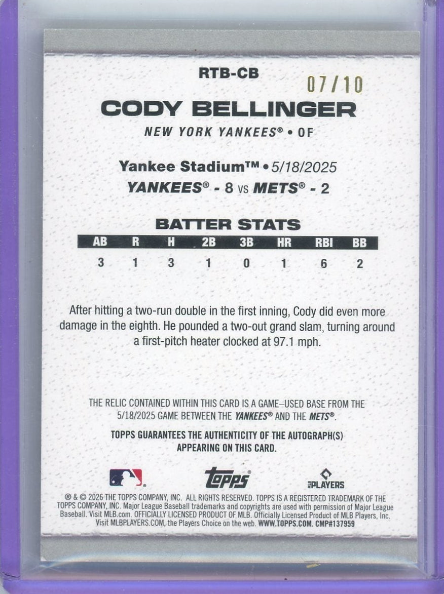 Cody Bellinger 2026 Topps Series 2 Rounding The Bases Relic Auto #'d 07/10