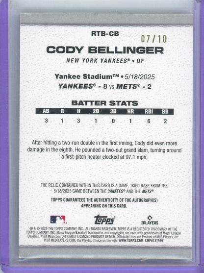 Cody Bellinger 2026 Topps Series 2 Rounding The Bases Relic Auto #'d 07/10
